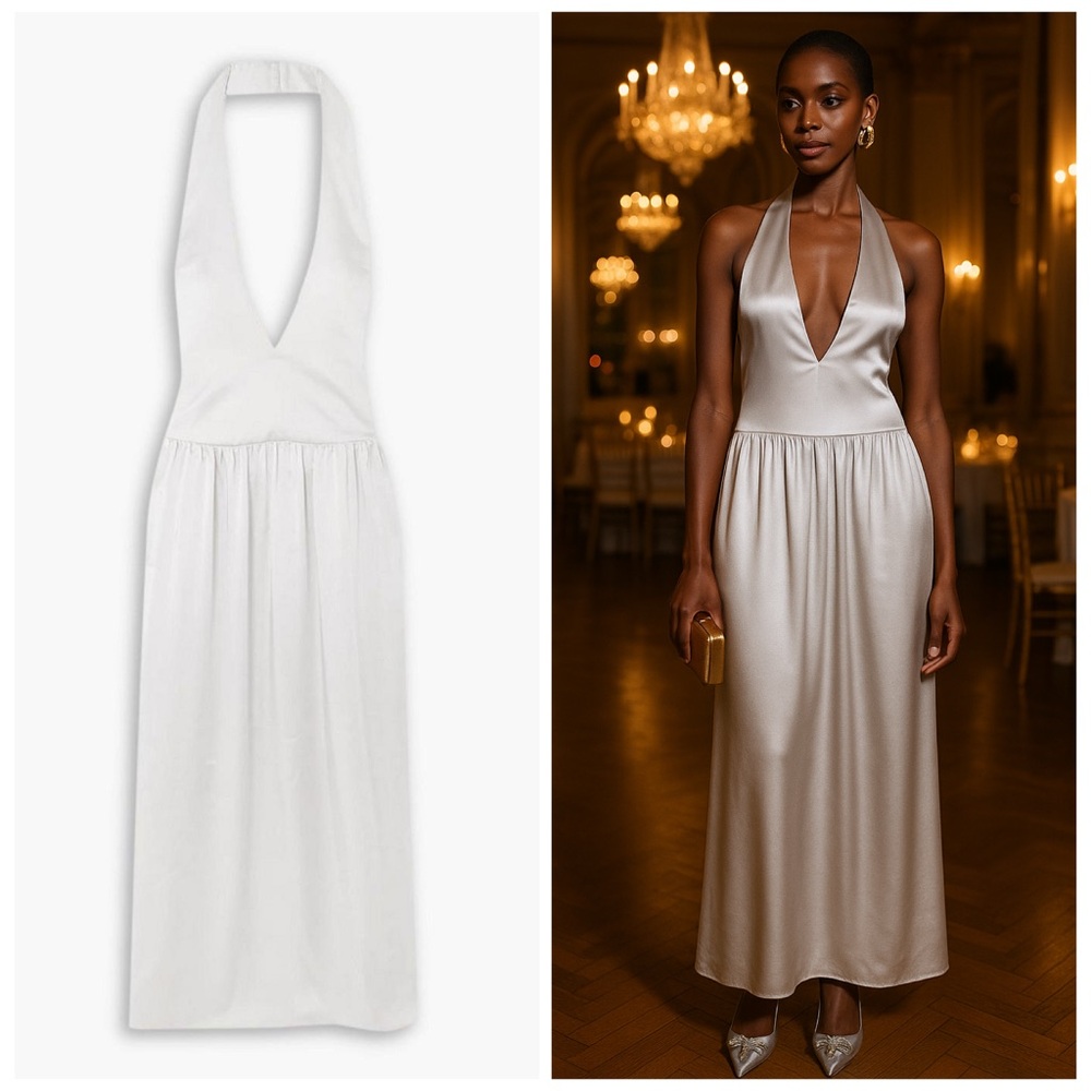 16Arlington Silver Satin V Neck Open Back Gown Evening Wedding US 6 NWT 🟡 - Picture 2 of 14